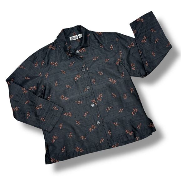 Chicos Embroidered Dupioni Slub Silk Shacket Jacket Black Brown Medium - Picture 11 of 11